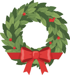Festive christmas wreath with green leaves and red berries and bow on light background