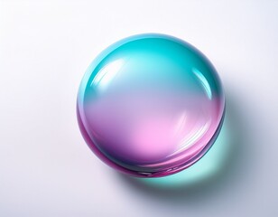 Obraz premium Captivating iridescent sphere with smooth gradient transition from vibrant teal to soft pink, casting a subtle shadow on a clean white background, perfect for modern design and abstract concepts.