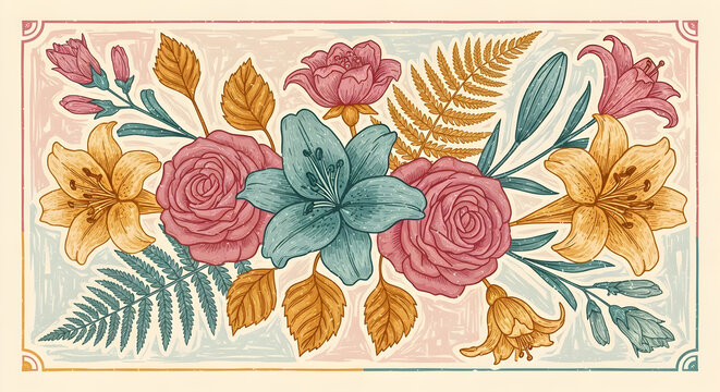 Floral Arrangement with Roses and Lilies in Vintage Style