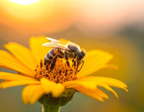 A honeybee sits on a vibrant yellow flower in warm, golden sunlight