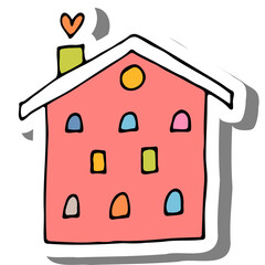 Cute cartoon pink house with colorful windows and a green chimney with a heart on top on a white background with subtle shadow