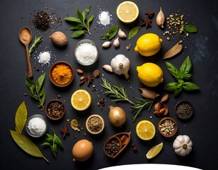 Culinary Ingredients Still Life - Fresh Herbs, Spices, and Citrus.