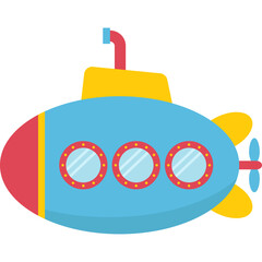 Cute Cartoon Submarine Vehicle With Yellow Fins Blue Body Red Front And Three Round Windows With Propeller On Transparent Background