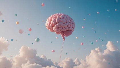 A surreal photo of a realistic brain-shaped balloon floating in a clear blue sky, symbolizing creativity, imagination, and the power of free thinking