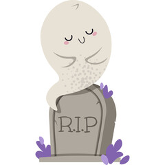 Cute cartoon ghost resting on a tombstone RIP with purple flowers on a transparent background happy halloween celebration