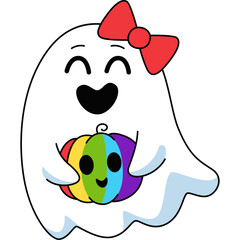 Cute Cartoon Ghost Wearing Red Bow Holding A Rainbow Colored Pumpkin With Happy Expression White Background Illustration