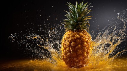 A vibrant pineapple with a splash of water, set against a dark background with a subtle glow, evoking a sense of freshness and natural beauty.