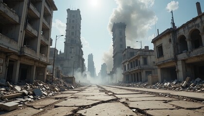Gripping view of desolate, war-torn city street with crumbling buildings and lingering smoke for powerful storytelling or impactful visualizations