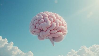 A surreal photo of a realistic brain-shaped balloon floating in a clear blue sky, symbolizing creativity, imagination, and the power of free thinking
