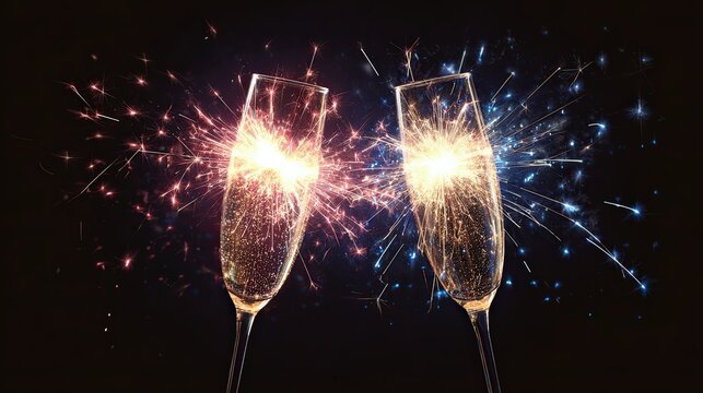 Two sparkling champagne flutes clink together, creating an explosion of colorful sparks against a dark background, symbolizing celebration and joy.