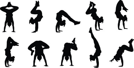 Silhouette woman yoga handstand poses collection, balance strength flexibility exercise vector, fitness acrobatic illustration for wellness, gymnastic training and body control art design