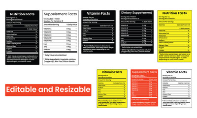 Nutrition Facts and Vitamin Facts Template – Supplement Label Design Vector, Editable EPS Format for Food Packaging, Dietary Supplements, and Product Information Layouts