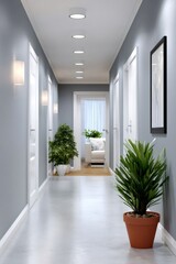 Modern home hallway with minimalist interior design and plants