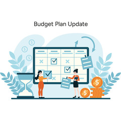 Two women updating a budget plan checklist on a whiteboard with an hourglass and coins symbolizing...