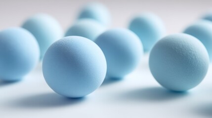 A group of blue spheres, some with a smooth texture and others with a rough texture, arranged in a circular pattern on a white background.
