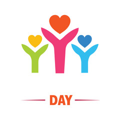 Colorful Abstract Figures with Hearts and Day Text Keywords: hearts, love, care, unity, community, people, figures, abstract, colorful, orange