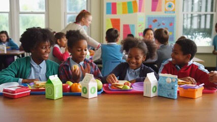 Happy children enjoying lunch break at school - Powered by Adobe