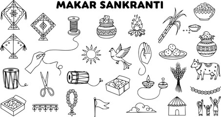 Makar Sankranti Festival Doodles Set: Hand-drawn line art icons featuring traditional elements, symbols, and celebration themes for the Indian harvest festival.