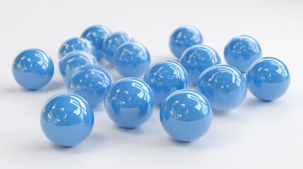 A group of blue glossy spheres scattered on a white surface with a subtle reflection.