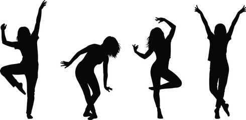 Obraz premium Silhouette women dancing, elegant female poses, expressive movement vector, contemporary dance art, freedom of motion illustration, creative body posture, modern style design, black silhouette artwork