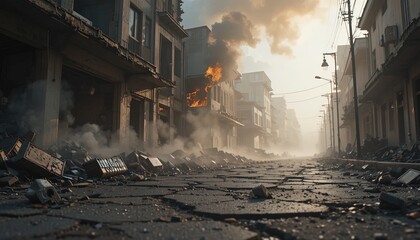 Street in ruins after war or disaster, building aflame, smoke billowing, rubble strewn across cracked asphalt, evocative of resilience amidst devastation