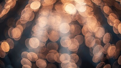 Sparkling bokeh lights create a dreamy, abstract background with soft, blurred circles of warm orange and gold tones against a dark blue backdrop, producing an elegant and magical atmosphere.