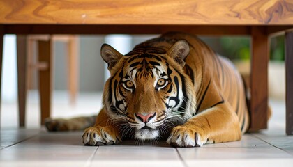 The tiger was hiding under the dining table