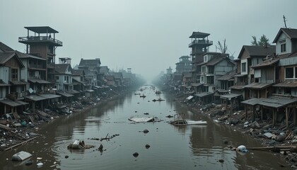 Misty waterfront village with unique architecture and tranquil water views, perfect for travel blogs, historical fiction, and cultural explorations