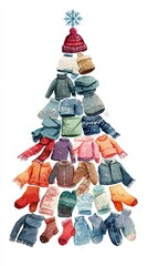 A whimsical illustration of a Christmas tree made entirely of colorful winter clothing items like sweaters, hats, and scarves.
