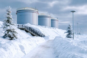 Obraz premium Industrial oil tanks in snowy winter landscape