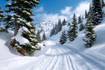 Fototapeta premium Ski trail winding through a snowy mountain forest