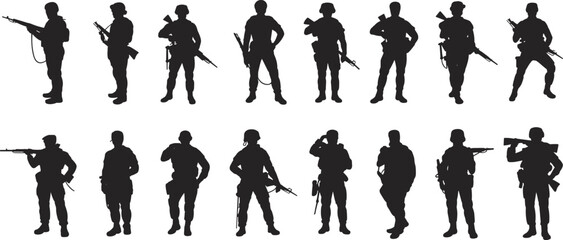 Silhouette of armed soldiers standing in different poses, military men with guns, army troops illustration, combat personnel vector design, security concept
