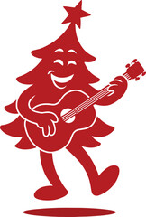 cartoon Christmas tree .Christmas tree playing guitar vector art and illustration.
