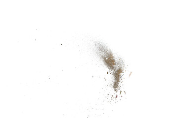Sand dust particles explosion isolated on white or transparent background