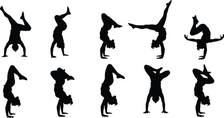 Silhouette yoga handstand poses collection, woman fitness balance illustration, acrobatic strength and flexibility vector design, gymnastic workout exercise art, wellness training concept