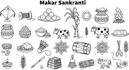 Makar Sankranti Line Art Set: Kite, Laddu, Sugarcane, and More