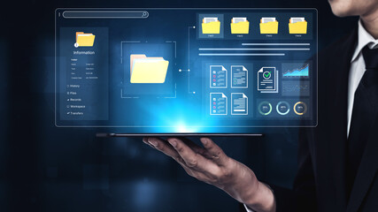 A user interface for a document management system. The dashboard provides file organization, a project workspace, and data analytics for corporate information management. Fermion