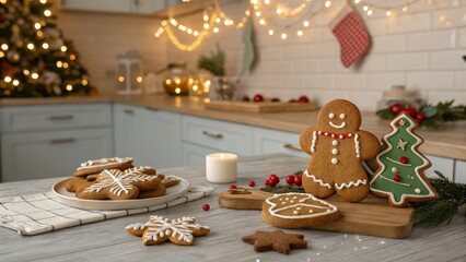 Naklejka premium Delicious decorated gingerbread cookies resting on a rustic wooden table in a warm festive kitchen illuminated by string lights