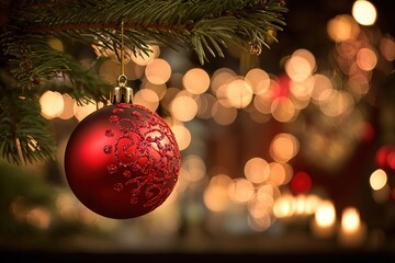 A close-up of a red Christmas ornament hanging from a pine tree branch. Soft, blurred lights create a warm, festive atmosphere in the background.