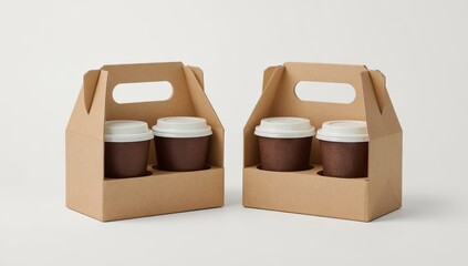 Two cardboard cup carriers, each holding two coffee cups with white lids, stand against a clean, neutral background, illustrating takeaway beverage packaging.