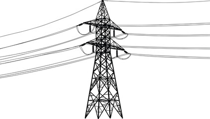 Black-and-white transmission tower illustration with insulators and power lines, representing high-voltage electricity infrastructure and energy distribution system