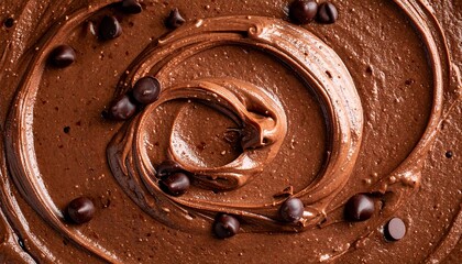 Close-up of swirled chocolate frosting with dark chocolate chips