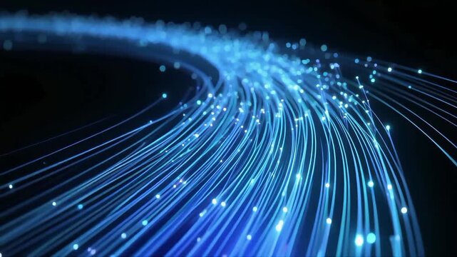 Glowing blue fiber optic cables with light particles representing high-speed data transmission and modern digital communication.