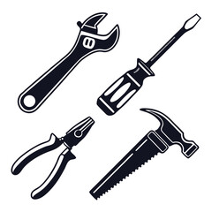 Dark Silhouette Tools Including Wrench Screwdriver Pliers and Saw