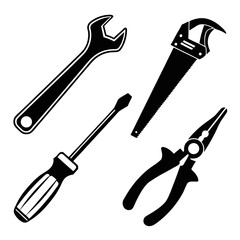 Black silhouette of wrench screwdriver saw and pliers