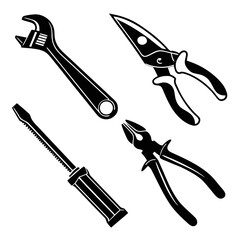 Black silhouette of four hand tools on white background