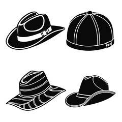 Four black and white hat illustrations on white background