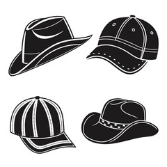 Four black and white illustrated hats on white background