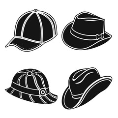 Four black and white hat icons baseball safari fedora cowboy