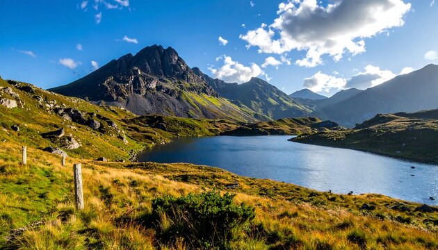 Scenic landscape with mountain range, lake, and rolling hills under a blue sky